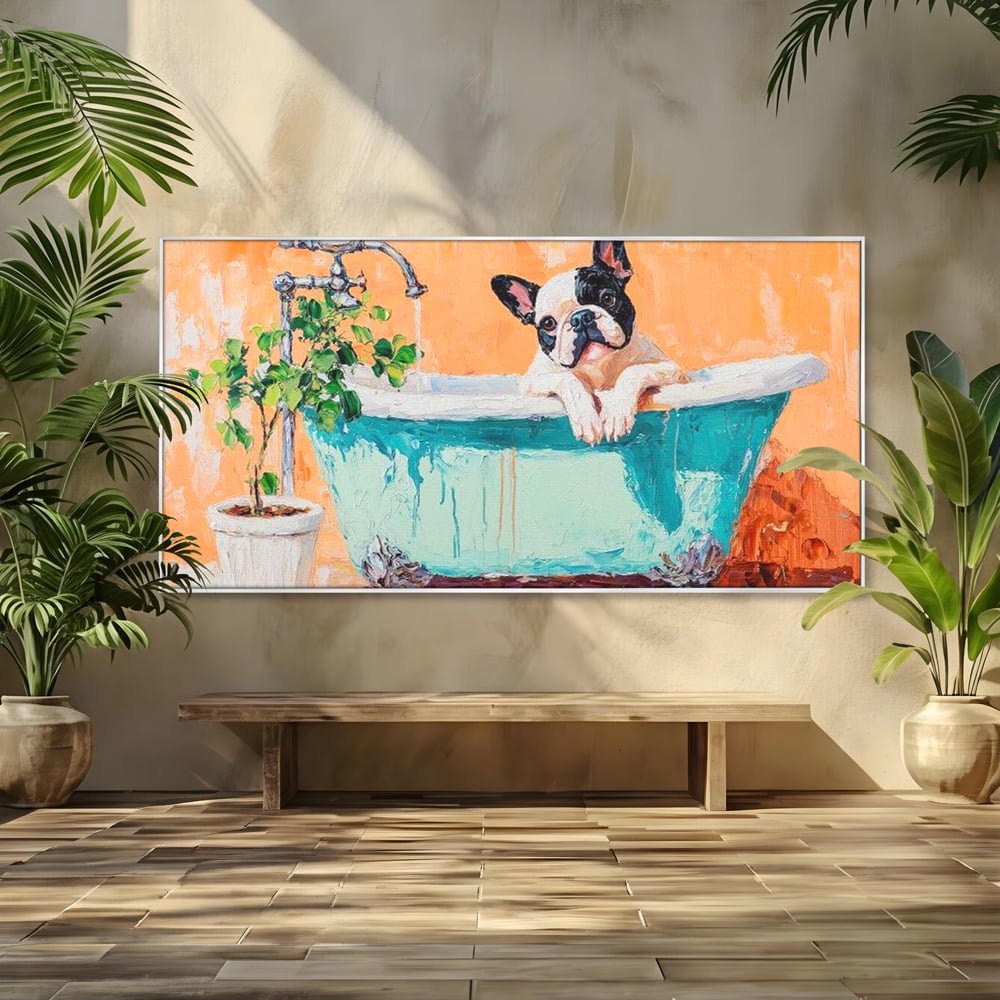 Tablou canvas cu tablou canvas cu bulldog in cada, in rama de aluminiu argintiu